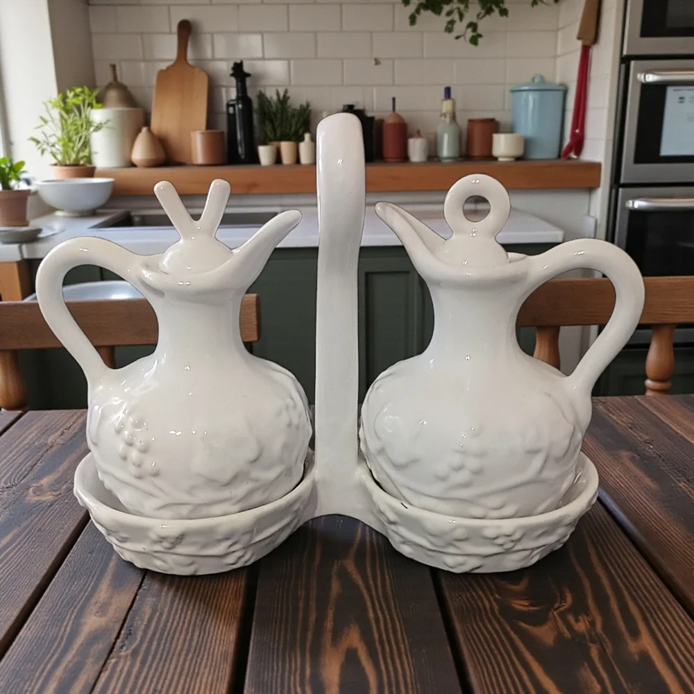 PV Italy Pottery Cruet Set White Oil Vinegar‎ Carrier Embossed Peasant Village